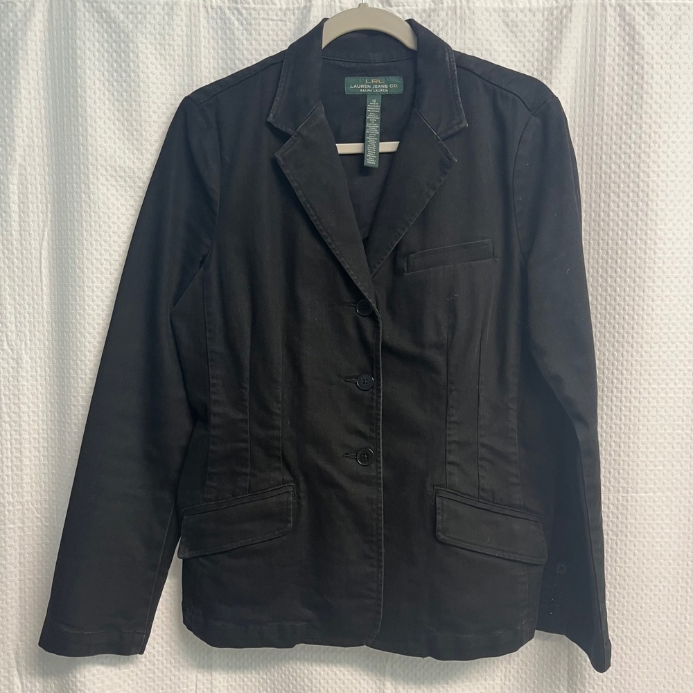 Lauren Jeans Co Ralph Lauren Black Denim Blazer Jacket Size 12 3-Button Utility